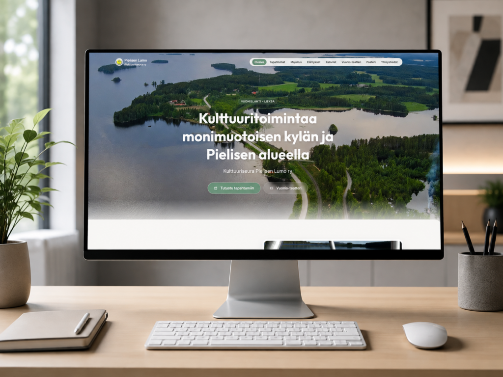 Tietokoneen näytöllä näkyvä Pielisen Lumo -verkkosivuston etusivu.